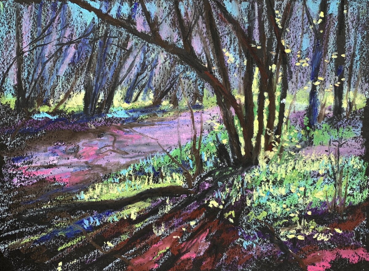 М. Новоселова. Лес распускается. Бумага, масляная пастель, 30х20 см