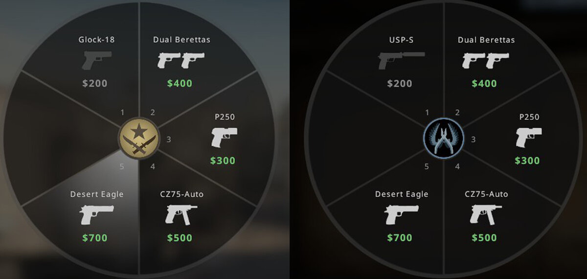 Колесо выбора оружия у Т и КТ соответственно.