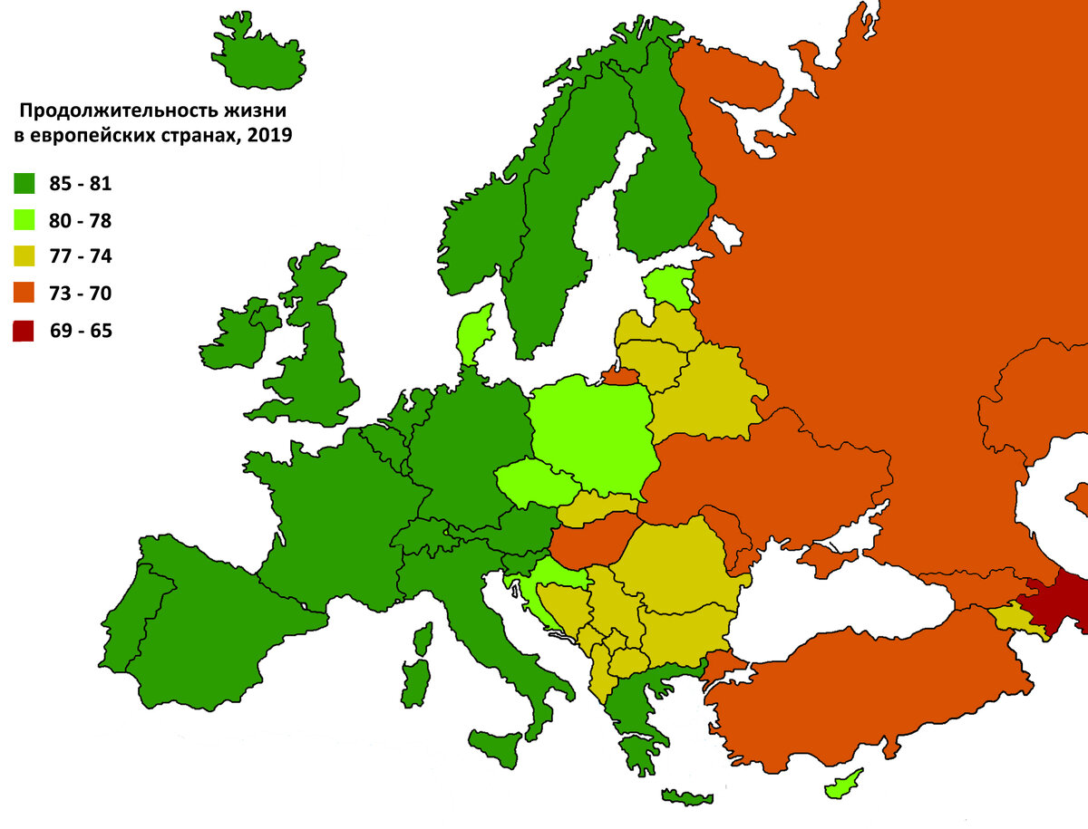 Средняя продолжительность жизни по странам в Европе, 2019