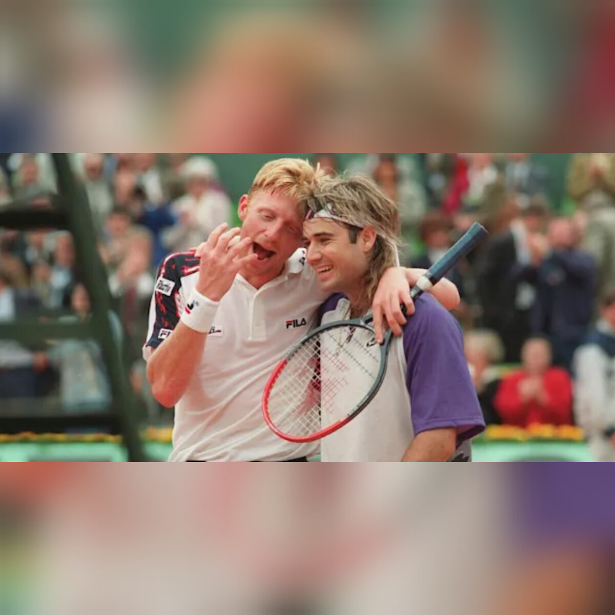 Борис Беккер и Андре Агасси во время Открытого чемпионата Франции 1991 года. 