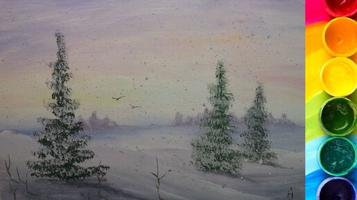 Пошаговый урок по рисованию зимнего пейзажа с елочками гуашью