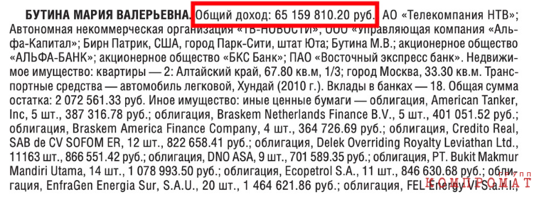 из декларации бутиной на 65 миллионов