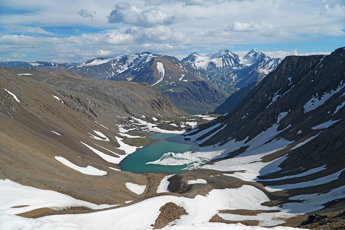 Ледяное озеро устроилось в очень уютном цирке: вид с перевала Томич (фото: Михаил Пимонов)