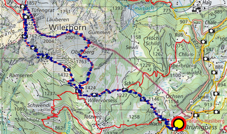Brünigpass - Schäri - Wilervorsess - Wilerhorn - Tüfengrat - Wilervorsess - Brünigpass. Карта с сайта https://www.schweizmobil.ch/en/summer.html, обведено автором