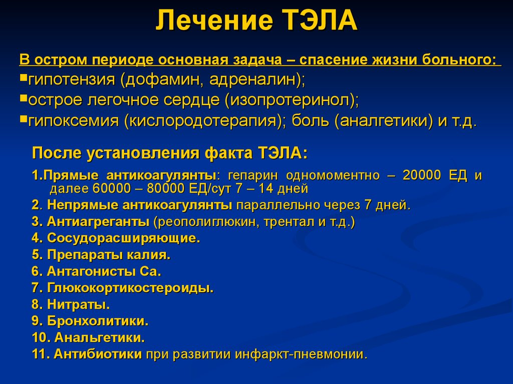 Терапия при Тэла. Тэла интенсивная терапия. Терапия тромбоэмболии легочной артерии. Тэла принципы терапии.