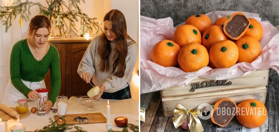 Приготовление праздничного десерта шоколадные мандаринки