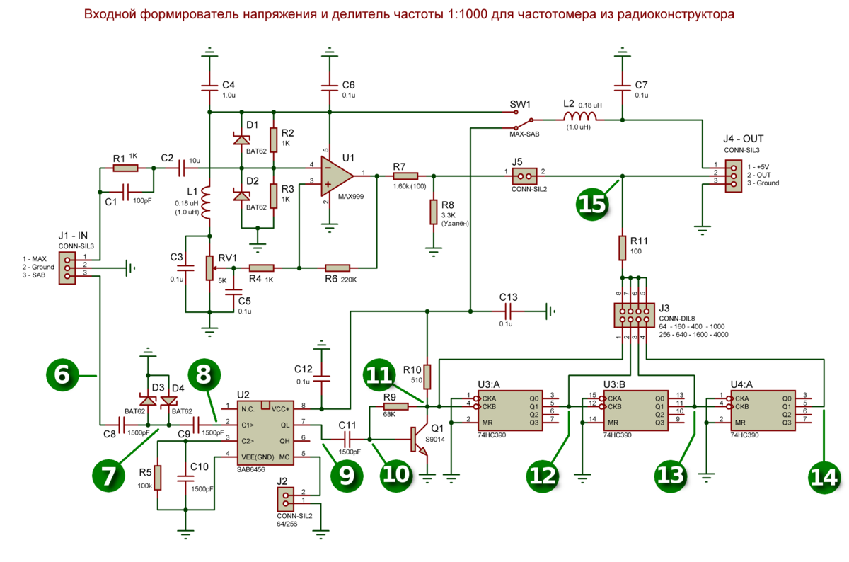 02. Схема электрическая принципиальная формирователя входного сигнала и делителя частоты. Кружками отмечены номера контрольных точек для снятия осциллограмм сигнала в делителе частоты.
