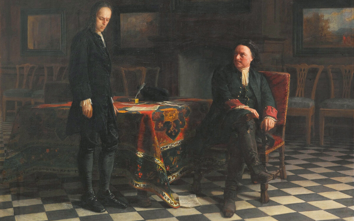 Картина «Пётр I допрашивает царевича Алексея в Петергофе», худ. Н. Н. Ге (1871). Государственный Русский музей, Санкт-Петербург