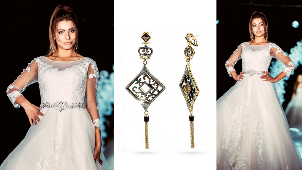 

Серьги из золоченного серебра с перламутром, эмалью и кубическим цирконием
