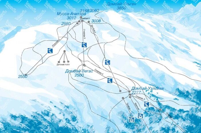 Карта подъемников и склонов Домбая
 