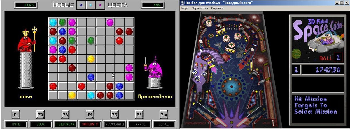 Игры Цвета(слева) и Пинбол(справа)