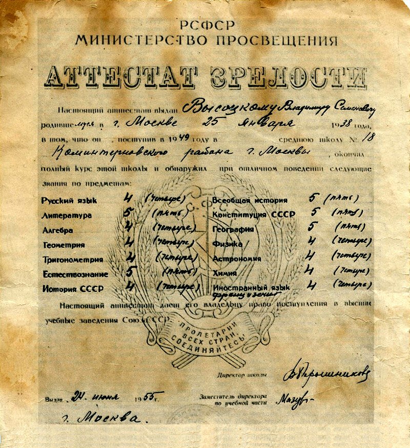 Аттестат зрелости Владимира Высоцкого 1955 год