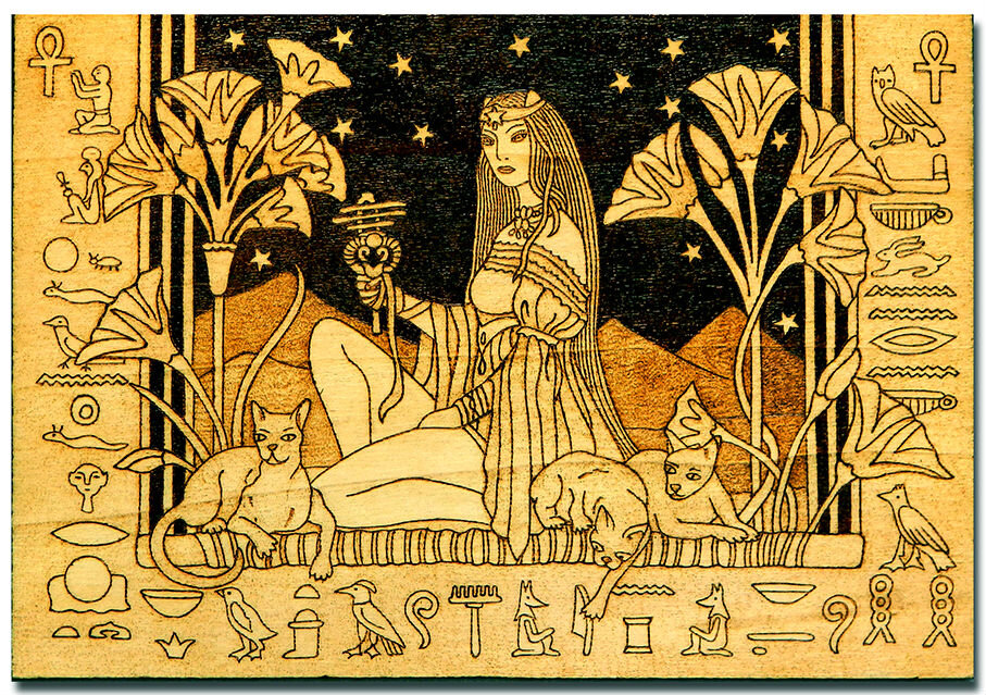 Баст и кошки, пирография//DeviantArt; YANKA-arts-n-crafts