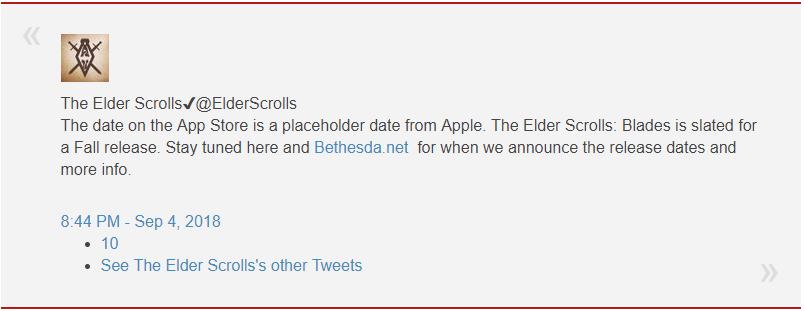 Сообщение от bethesda о дате выхода The Elder Scrolls: Blades 