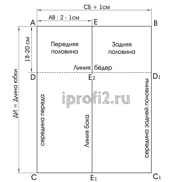 Построение сетки чертежа прямой юбки