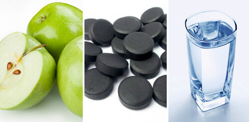• Яблоки (1 кг). Распределяем яблоки на целый день, то есть кушаем примерно по 1 яблоку 6 раз.
 • Минеральная вода (2 л. и более). Воду также пьем в течение всего дня.
 • Активированный уголь (12 шт.) Принимаем уголь за час до употребления  яблок. День второй (восстановление). Восстанавливаем микрофлору  кишечника.