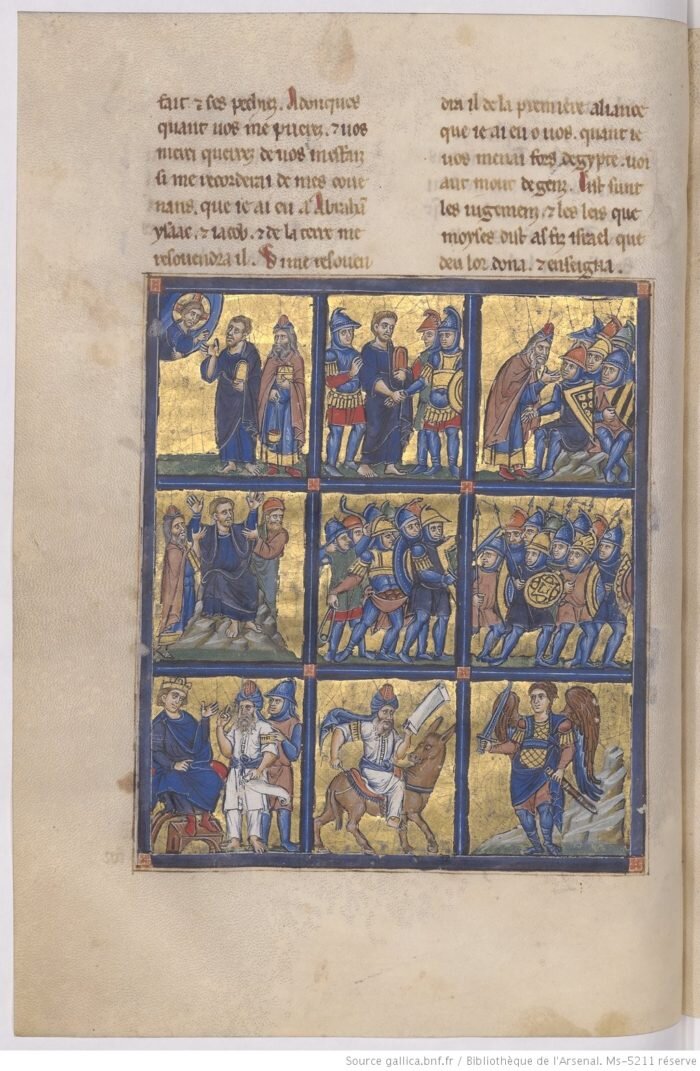 Лист 54v из Библии Сен-Жан д’Акр. 1250-1254. Париж, Библиотека Арсенала. Источник: 
https://gallica.bnf.fr/ark:/12148/btv1b550071673/f114.item