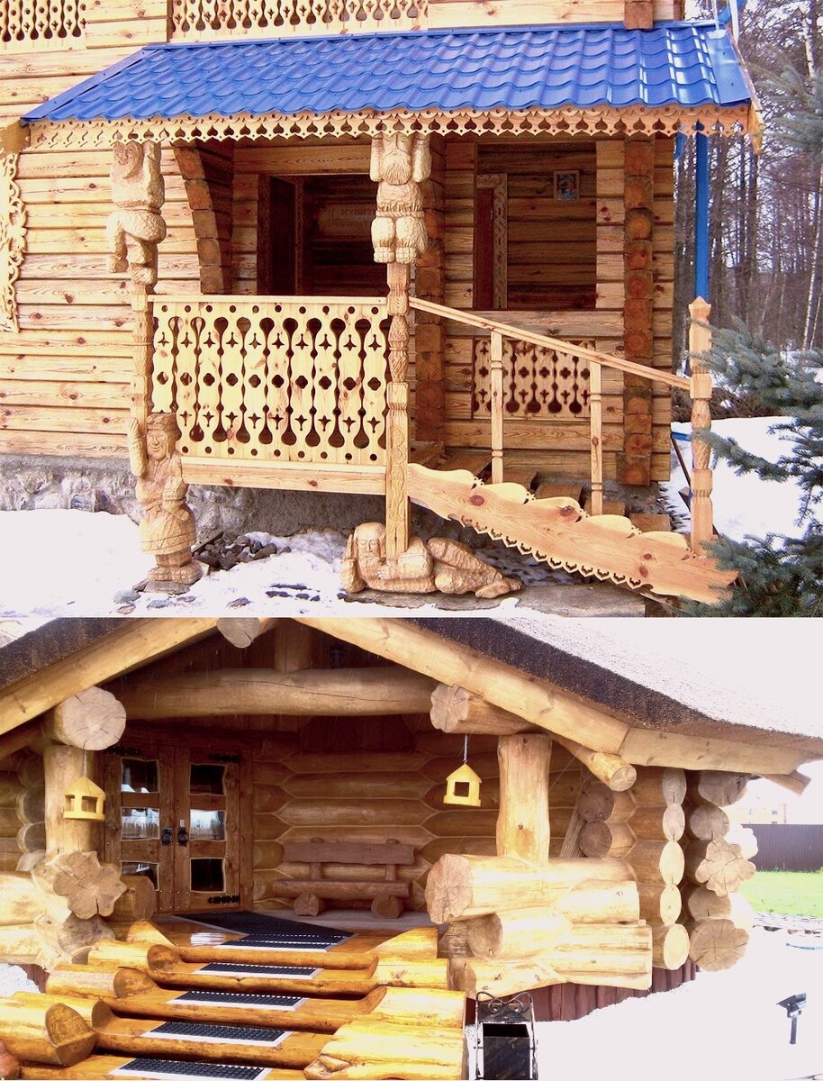 Крыльцо с резным декором и из крупных комелей