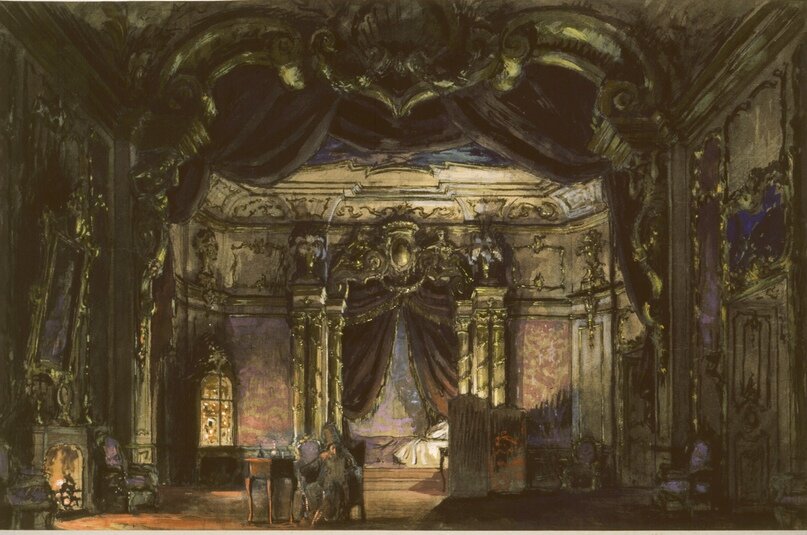 А. Н. Бенуа. "Моцарт и Сальери". Эскиз декорации. Комната в трактире. 1914-1915 гг. Бумага, акварель, белила, тушь, пастель