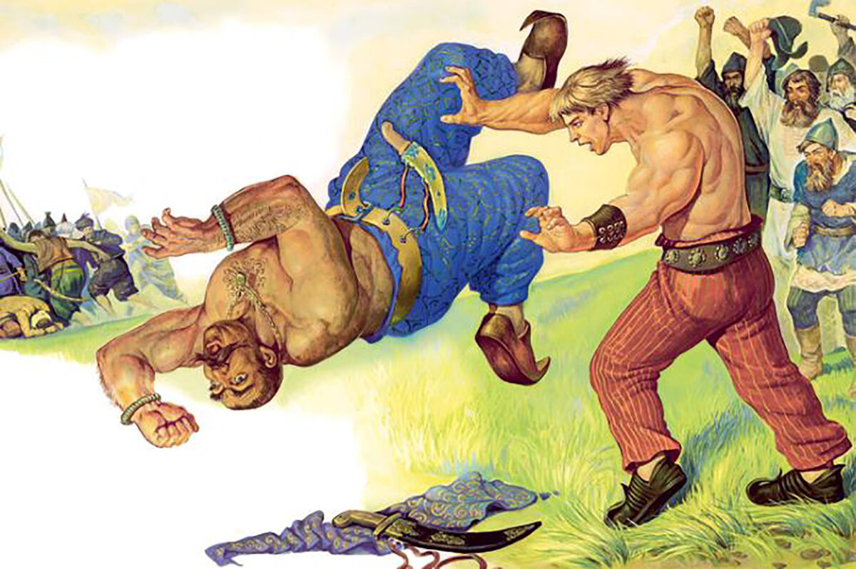 Поединок Кожемяки с печенегом. Картинка взята из источника: http://samlib.ru/img/d/domow_m_i/vlastiteli64/poedinokkozhemjaki.jpg.