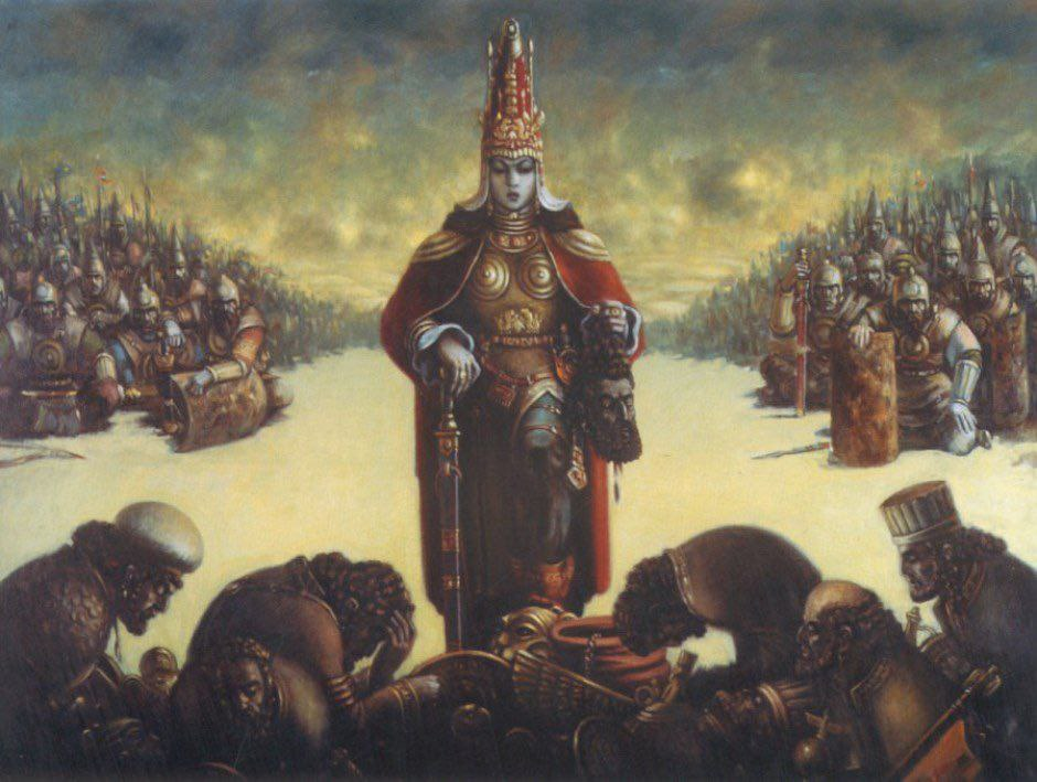 Томирис держит в руках голову побежденного царя Кира