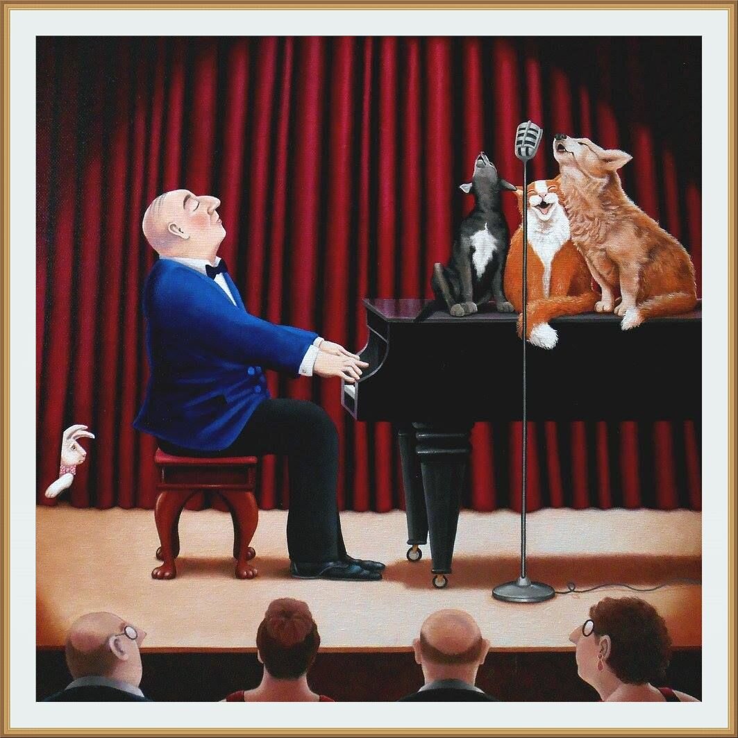 Художник Вики Маунт / Vicky Mount / Marcelo's Marvellous Musical Menagerie. Oil on canvas board 40x40cm / Чудесный музыкальный зверинец Марсело. Холст, масло, доска 40х40см