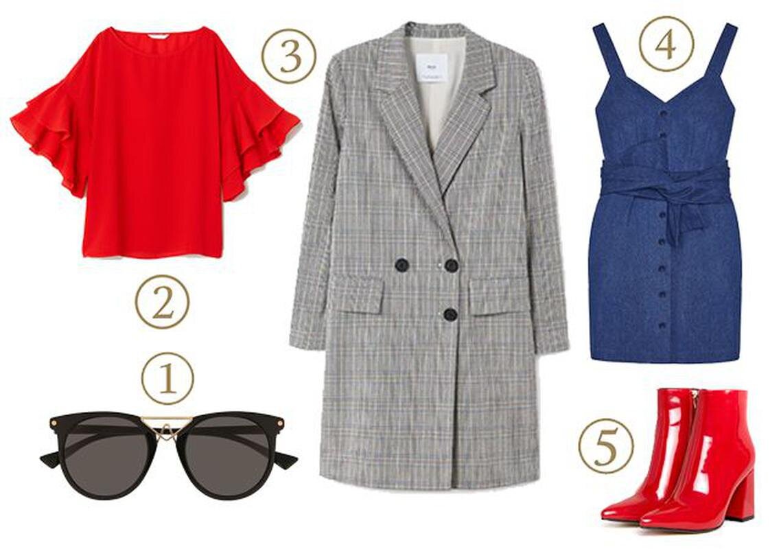 1. Очки Altuzarra, цена по запросу; 2. Блуза H&M, 1099 руб.; 3. Пальто Mango, 6990 руб.; 4. Сарафан I'm Studio, 11 500 руб.; 5. Ботильоны Public Desire Empire (ASOS), 3290 руб.