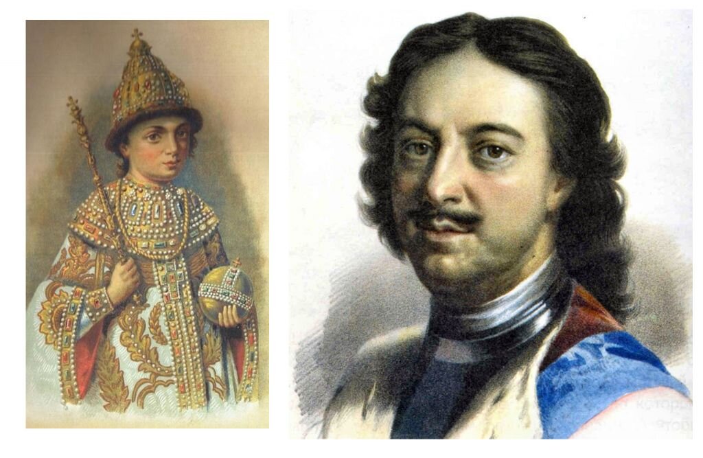 Пётр Первый в 10 лет (слева). Пётр Первый уже после поездки в Европу (справа).