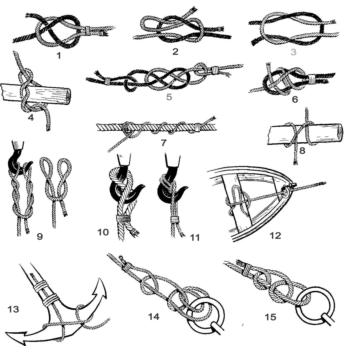 1 – Шкотовый. 2 – Рифовый. 3 – Прямой. 4 – Удавка. 5 – Плоский. 6 – Брамшкотовый.                          7 – Стопорный. 8 – Выбленочный. 9 – Кошачьи лапки. 10 – Гачный. 11 – Гачный со шлангом. 12 – Шлюпочный. 13 – Буйрепный. 14 – Рыбацкий штык. 15 – Простой штык.