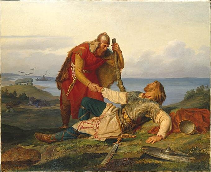 Мортен Эскиль Винге. «Хьялмар прощается с Орваром Оддом после Самсеской битвы», 1866 г. 