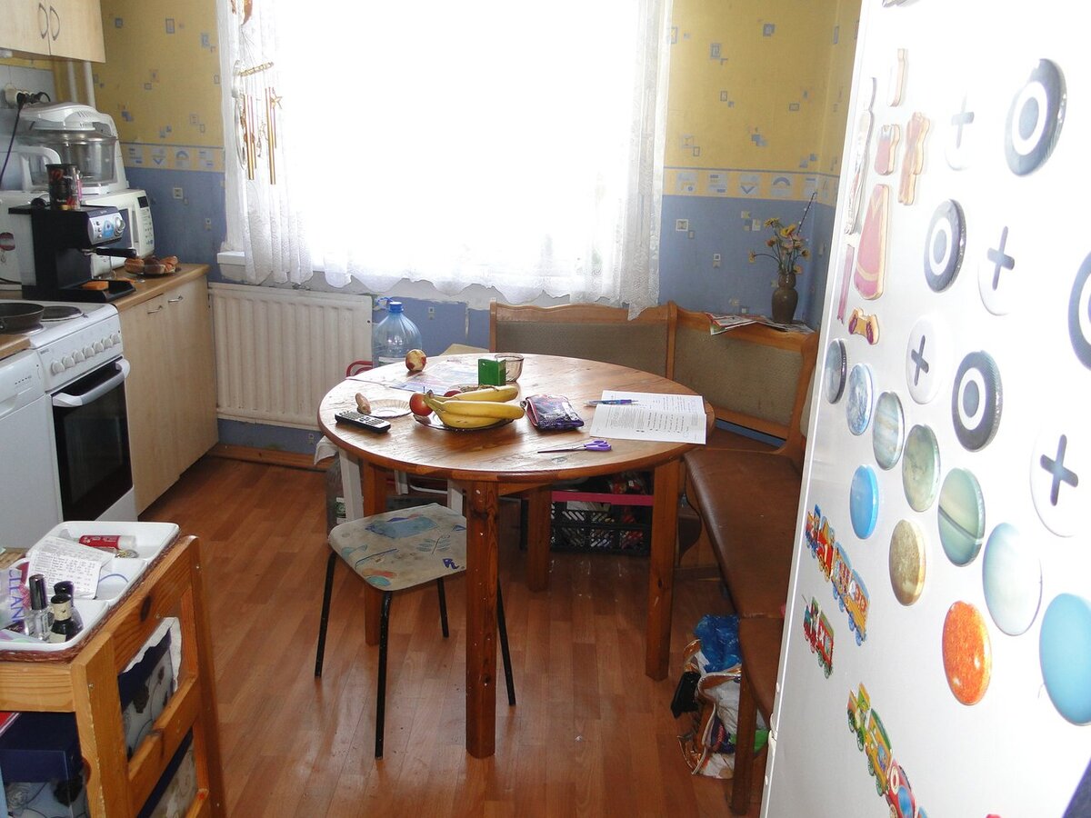 Справа под диванчиком — коробка, заменяющая пакет с пакетами а ещё моя степ-платформа, коврик и гантельки. Матрас помещался  ночью между рабочей зоной и столом, который чуть сдвигался вправо. Фото довольно старое, примерно четырёхлетней давности (тоже летнее). Перед рождением Димы сменились обои. До этого был выброшен телевизор (см. фото 2) и появился другой холодильник