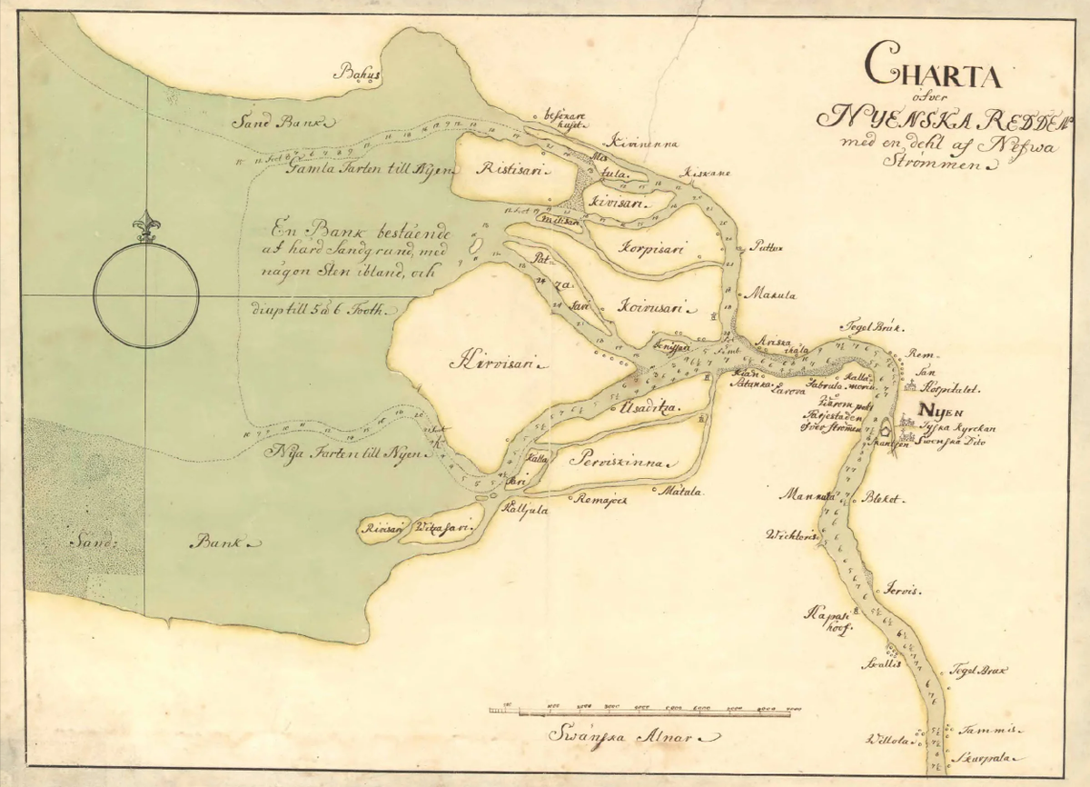 Карта дельты Невы  c отображением мелей и глубин, 1701г. Источник aroundspb.ru