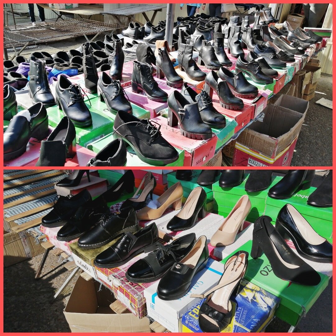 В основном туфли, потому что людям так же надо ходить на работу, а учителям - в школу. Удобные галоши для фермеров и, конечно, много кроссовок.