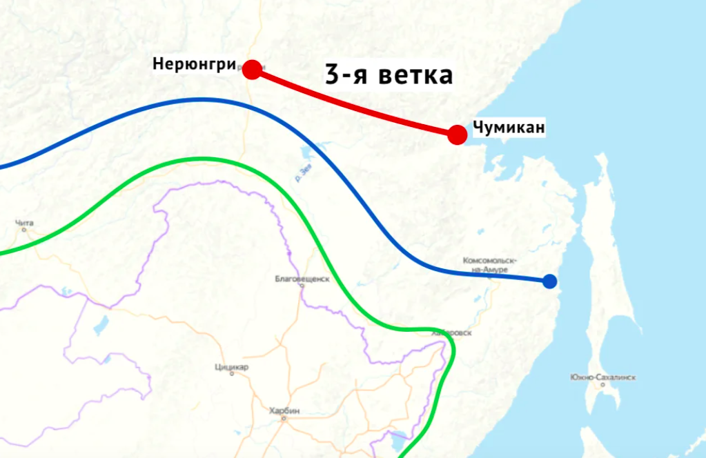 Схематичое изображение БАМа, Транссиба и новой ветки на Чумикан