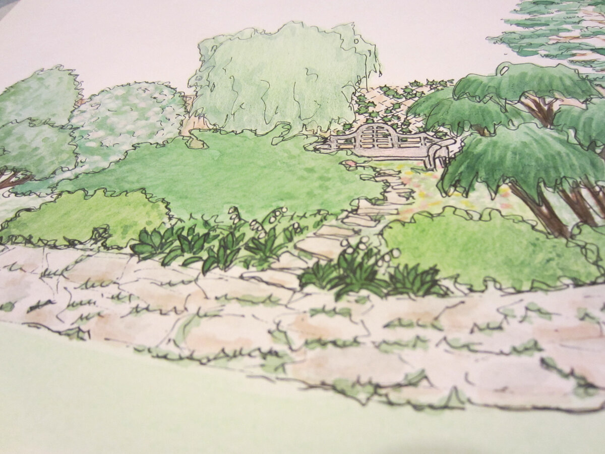 Тайный садик в дальней части участка. От леса и водоёма отделён обширной лужайкой