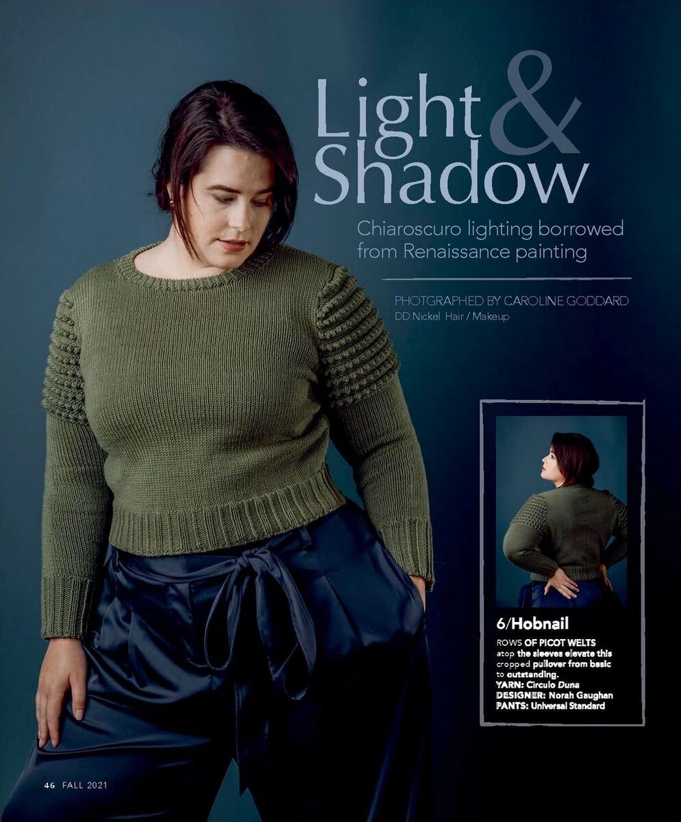 Фактурный акцент на плечи. Если у вас узкие плечи, то вполне возможно. Но лично для меня связать так - это сделать свою верхнюю часть еще круглее. Ну и длина... Фото из журнала "Vogue Knitting - Fall 2021".