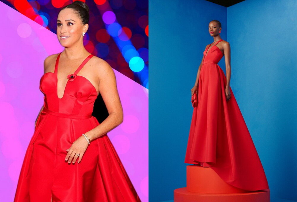 Меган Маркл в красном платье от Carolina Herrera
