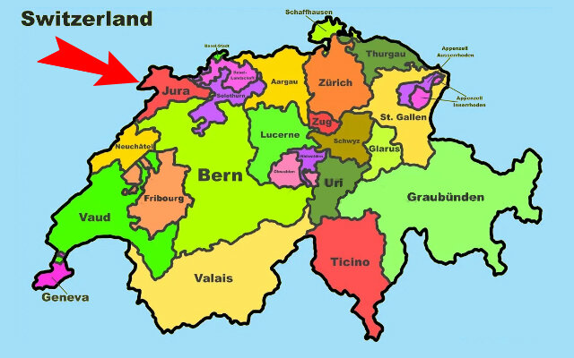 Кантон Юра - "родина Юрского периода" - на карте Швейцарии