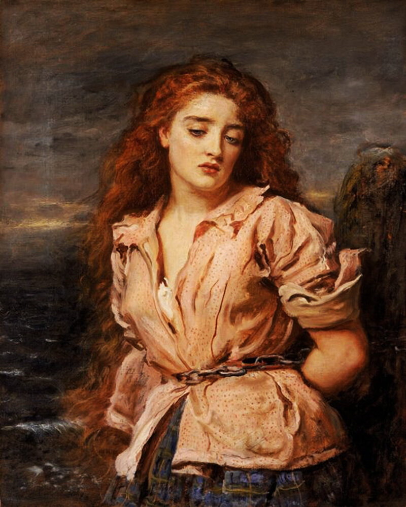 Джон Милле «Мученица Солоуэй», 1871г И вот история шотландской девушки-пресвитерианки, которую англичане приковали к столбу у берега, пообещав отпустить, если до прилива она не присягнет верности английскому королю и англиканской церкви. Но она ушла под воду, оставив свой образ для художников: