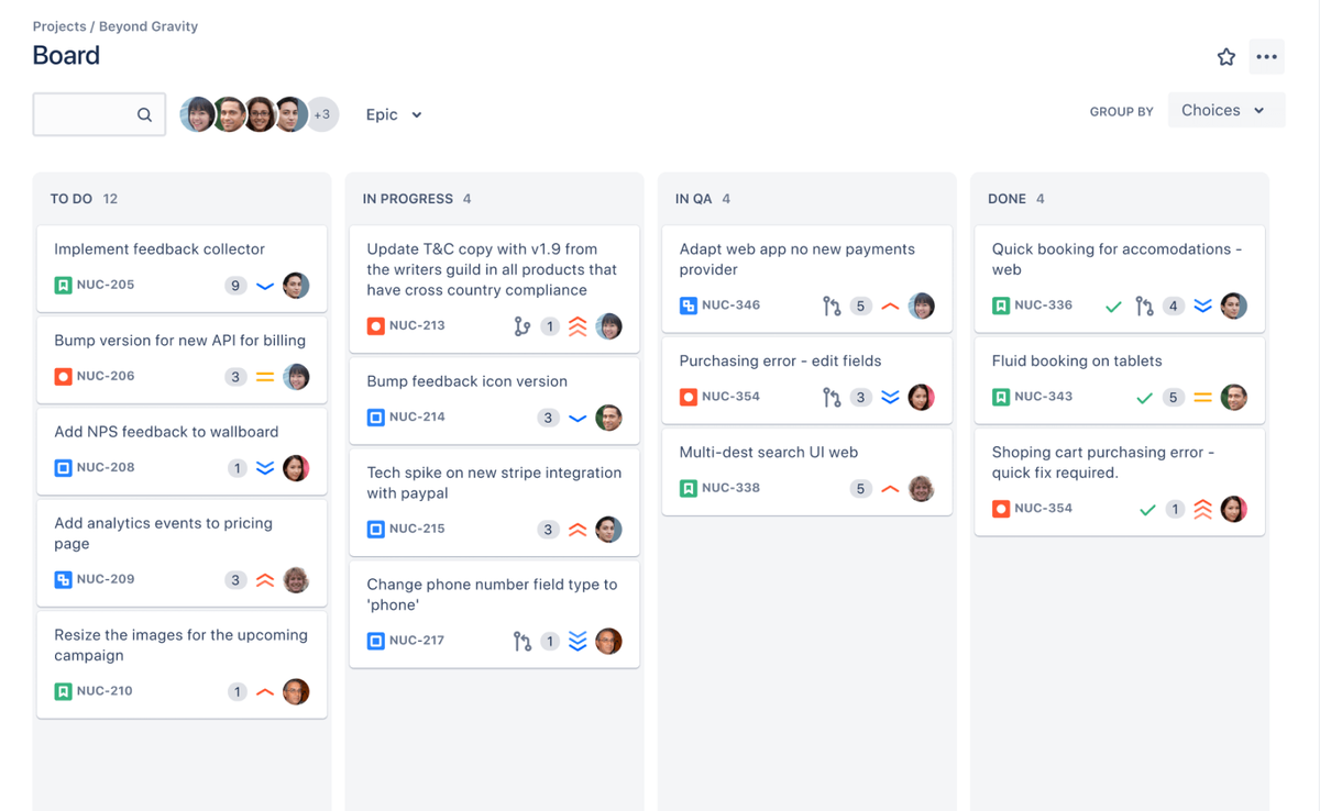 Так выглядит канбан-доска в Jira: за каждым исполнителем закреплена карточка, которую можно перетаскивать в зависимости от статуса.
