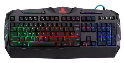 ТОП 2.DEFENDER WEREWOLF GK-120DL                                                                                                      
Основание металлическое, что повышает надежность и устойчивость. Кабель с ферритовым фильтром в тканевой оплетке да еще и с позолоченным USB-разъемом. Нужно ли это все? Вряд ли. На раз есть, скажем «спасибо» инженерам. Отдельно отметим наличие влагозащиты. Пролитый кофе не заставит спешно бежать в магазин за новой клавиатурой. 
Раскладка полностью аналогична рассмотренной выше модели от Oklick. Но есть и несколько интересных функций. Подсветка всегда радужная, можно лишь сделать её пульсирующей или заставить гореть постоянно. Яркость имеет пять ступеней. Имеется возможность отключить системные кнопки, что предотвратит сворачивание игры из-за неловкого движения. Ход мембранных переключателей мягкий, тихий, ощущения при использовании очень приятные.
