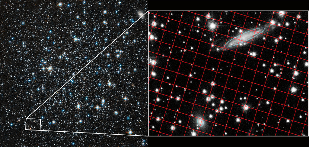 Анимированное изображение, показывающее движение шарового скопления NGC 5466 (слева), наблюдаемое космическим телескопом Хаббл в течение десяти лет. Крупный план (справа) показывает звезды, движущиеся как группа с гораздо более отдаленными фоновыми галактиками, кажущимися неподвижными ©NASA, ESA, and S.T. Sohn and J. DePasquale (STScI)