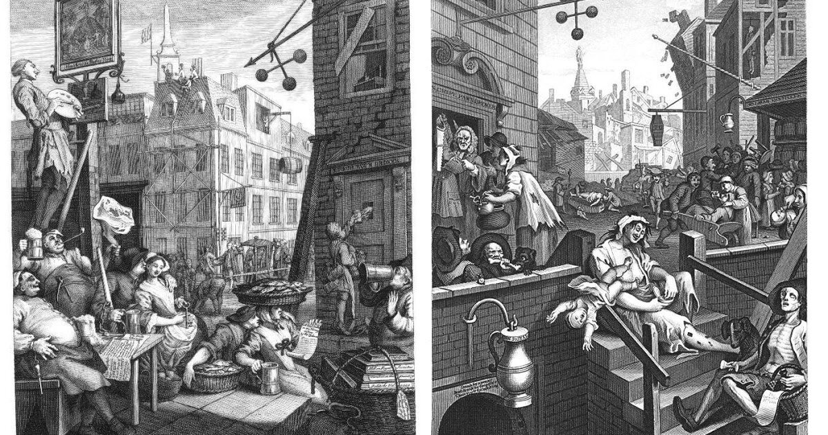 Гравюры Уильяма Хогарта «Пивная улица» и «Джин-лейн» (1751), показывающие проблемы злоупотребления. Би-Би-Си описала их как «возможно, самый мощный плакат против наркотиков» 