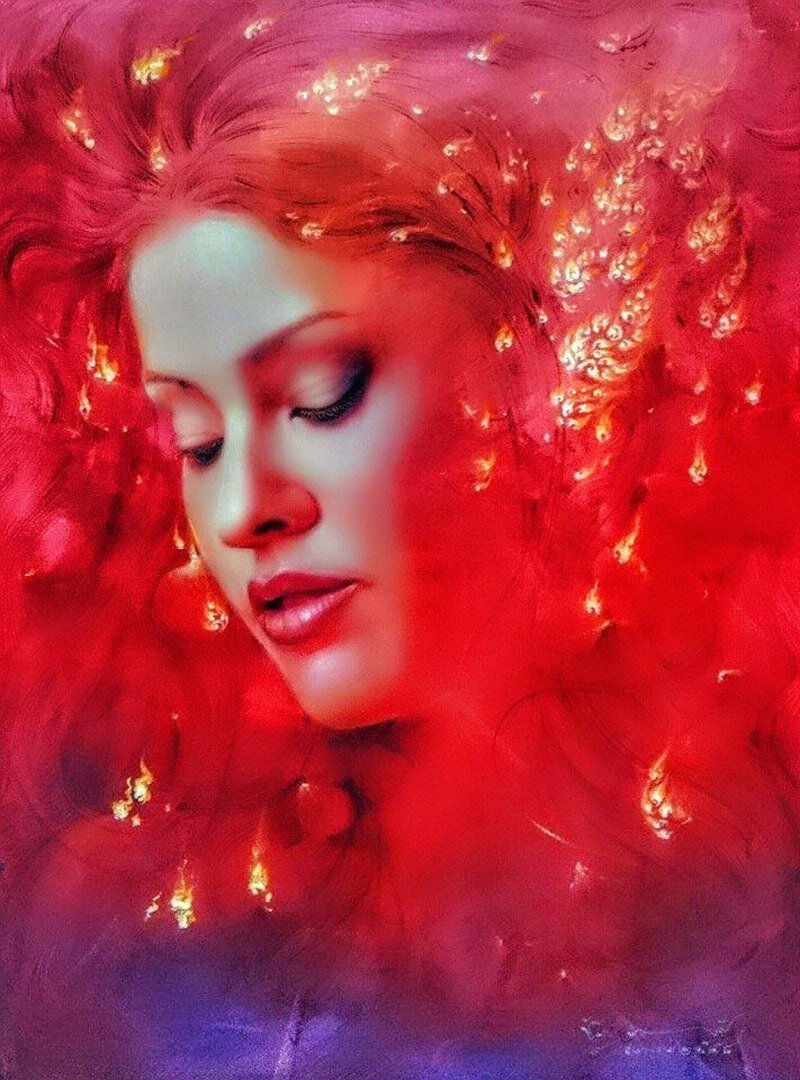 Художник-самоучка kari-lise alexander. Огонь в искусстве. Картина рыжая девушка с лотосом. Ты соткана из цветов. Ты соткана из цветов.