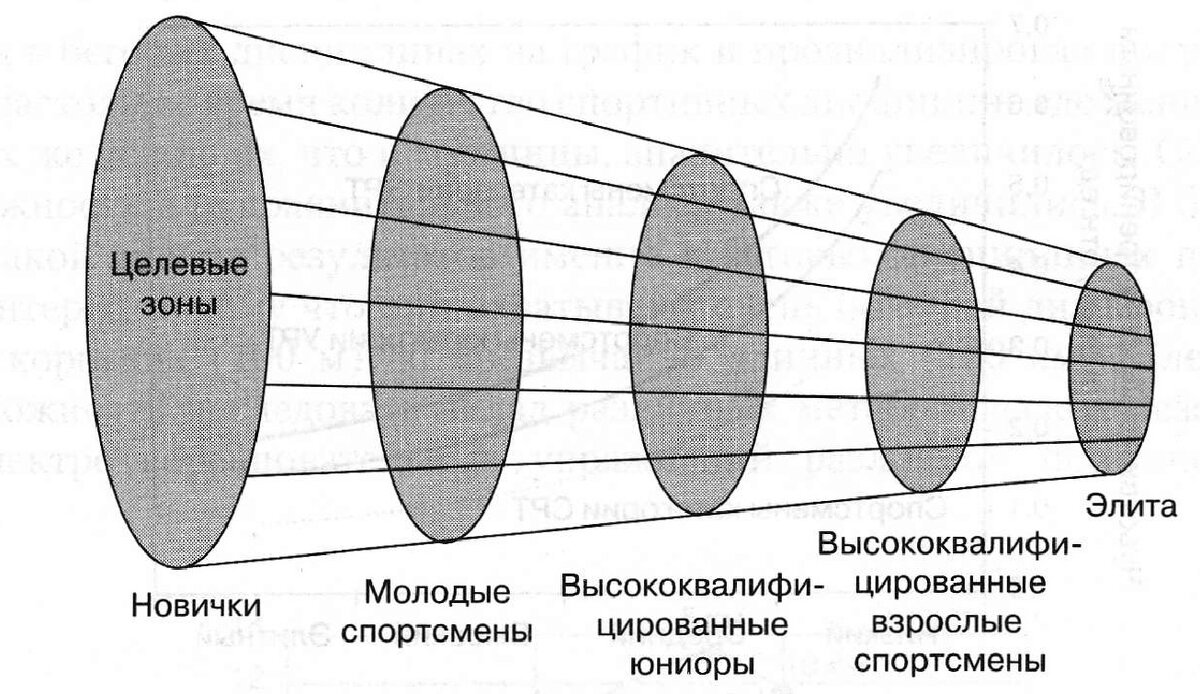 Сокращение целевой зоны, доступной для тренировочного воздействия с увеличением результативности спортсменов [Иссурин, В. (2017). Подготовка спортсменов XXI века. Научные основы и построение тренировки. Москва, Litres]