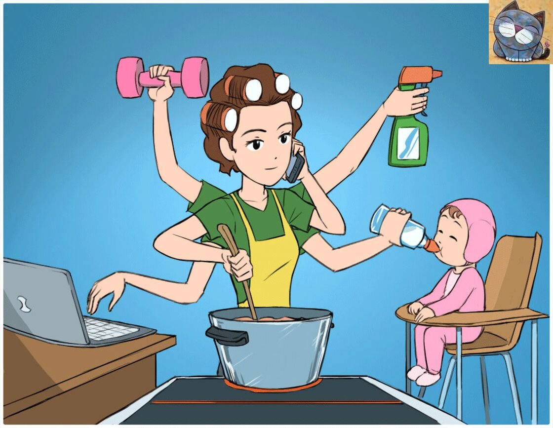 Пою и готовлю. Мама домохозяйка. Домохозяйка иллюстрация. Мама много рук. Уставшая домохозяйка с детьми.