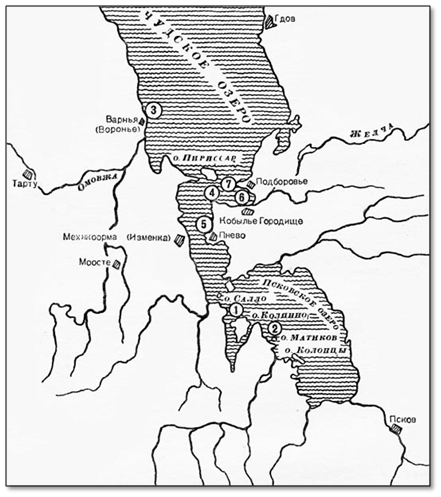 Рис.1. Варианты места Ледового побоища, предложенные разными историками XIX и  XX века: 1) Н.И.Костомаров, 2) А.И.Васильев, 3) Ю.И.Трусман, Л.Я.Лурье, Н.Г.Порфиридов,
4) А.И.Бунин, Н.И.Беляев, Г.Н. Караев, 5) М.Н.Тихомиров, 6) Э.К.Паклар, 7) А.И.Козаченко