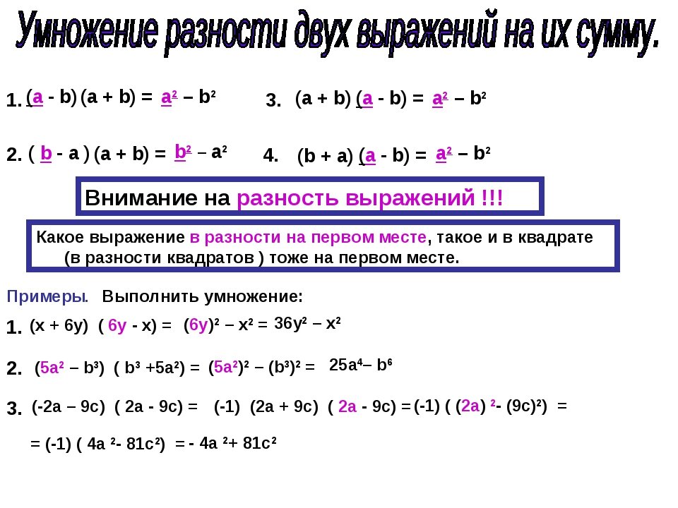 Произведение разности. Умножение разности двух выражений на их сумму. Умножение разности двух выражений на их сумму формула. Умножение разности 2 выражений на их сумму. — Формула умножения разности выражений на их сумму.