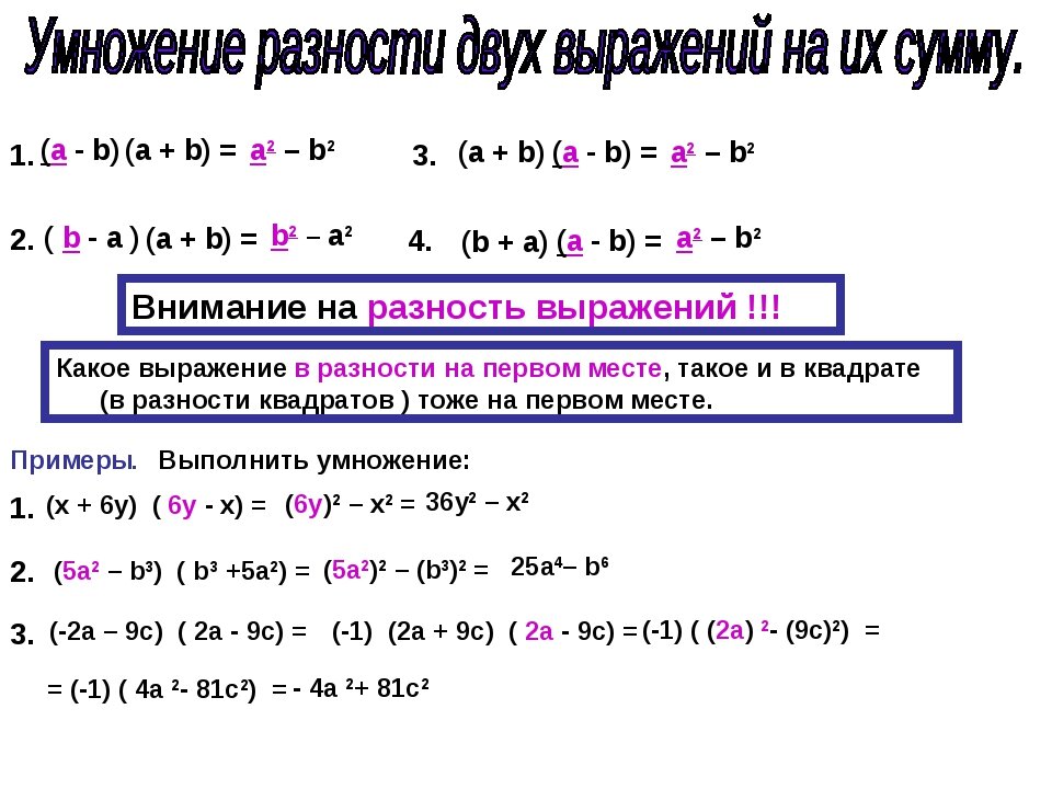 Двух выражений. Умножение разности двух выражений на их сумму. Умножение разности двух выражений на их сумму формула. Умножение разности 2 выражений на их сумму. — Формула умножения разности выражений на их сумму.