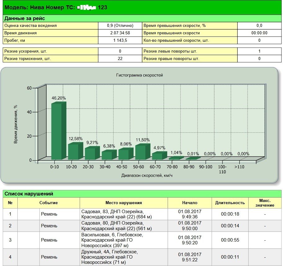 Вот так выглядит отчет о качестве вождения в одной из популярных систем мониторинга